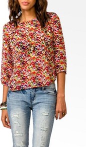 Semi Sheer Floral Top - occasions: casual; length: standard; style: top; fibres: polyester/polyamide - 100%; fit: loose; neckline: crew; predominant colour: multicoloured; sleeve length: 3/4 length; sleeve style: standard; texture group: sheer fabrics/chiffon/organza etc.; pattern type: fabric; pattern size: standard; pattern: florals