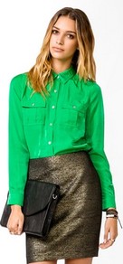 Essential Charmeuse Shirt - neckline: shirt collar/peter pan/zip with opening; pattern: plain; style: shirt; predominant colour: emerald green; occasions: casual, evening, work, holiday; length: standard; fibres: polyester/polyamide - mix; fit: body skimming; sleeve length: long sleeve; sleeve style: standard; pattern type: fabric; texture group: other - light to midweight