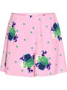 Print Shorts - style: shorts; waist detail: fitted waist; length: short shorts; waist: mid/regular rise; predominant colour: blush; secondary colour: emerald green; occasions: casual, evening, work, occasion, holiday; fibres: viscose/rayon - 100%; hip detail: fitted at hip (bottoms); texture group: crepes; trends: high impact florals; fit: wide leg; pattern type: fabric; pattern size: light/subtle; pattern: florals