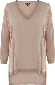 Woven Front Pointelle Line Jumper - neckline: low v-neck; pattern: plain; style: standard; predominant colour: taupe; occasions: casual, work; length: standard; fit: loose; back detail: longer hem at back than at front; sleeve length: long sleeve; sleeve style: standard; texture group: knits/crochet; pattern type: knitted - fine stitch; fibres: viscose/rayon - mix
