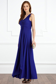 Estee Jersey Maxi Dress - neckline: low v-neck; fit: empire; pattern: plain; sleeve style: sleeveless; style: maxi dress; waist detail: twist front waist detail/nipped in at waist on one side/soft pleats/draping/ruching/gathering waist detail; predominant colour: royal blue; occasions: evening, occasion; length: floor length; fibres: viscose/rayon - stretch; hip detail: soft pleats at hip/draping at hip/flared at hip; sleeve length: sleeveless; texture group: silky - light; pattern type: fabric