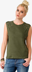 Studded Muscle Tee - neckline: round neck; pattern: plain; sleeve style: sleeveless; style: t-shirt; predominant colour: khaki; occasions: casual, holiday; length: standard; fibres: cotton - mix; fit: body skimming; shoulder detail: added shoulder detail; back detail: embellishment at back; sleeve length: sleeveless; pattern type: fabric; texture group: jersey - stretchy/drapey; embellishment: studs
