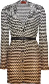 Knit Cardigan - neckline: low v-neck; pattern: horizontal stripes; style: belted; length: below the bottom; predominant colour: camel; occasions: casual, evening, work; fibres: cotton - mix; fit: standard fit; waist detail: belted waist/tie at waist/drawstring; sleeve length: long sleeve; sleeve style: standard; texture group: knits/crochet; trends: striking stripes; pattern type: knitted - other; pattern size: standard