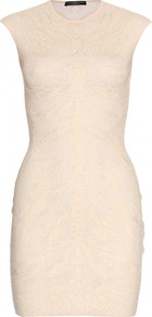 Intarsia Knit Dress - length: mid thigh; sleeve style: capped; fit: tight; pattern: plain; style: bodycon; predominant colour: blush; occasions: evening, occasion; fibres: silk - mix; neckline: crew; sleeve length: sleeveless; pattern type: fabric; texture group: jersey - stretchy/drapey