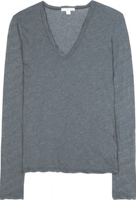 Long Sleeve Jersey Top - neckline: v-neck; pattern: plain; style: t-shirt; predominant colour: charcoal; occasions: casual, work, holiday; length: standard; fibres: cotton - mix; fit: body skimming; sleeve length: long sleeve; sleeve style: standard; pattern type: fabric; texture group: jersey - stretchy/drapey