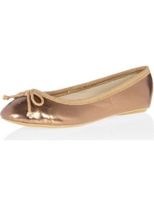 Rose Gold Bow Ballet Shoe - predominant colour: gold; occasions: casual, evening, work, holiday; material: faux leather; heel height: flat; toe: round toe; style: ballerinas / pumps; trends: metallics; finish: metallic; pattern: plain; embellishment: bow