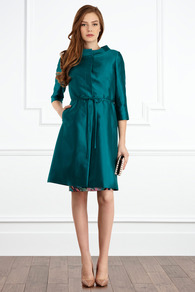 Nanette Coat - pattern: plain; style: single breasted; length: on the knee; collar: high neck; predominant colour: teal; occasions: evening, occasion; fit: tailored/fitted; fibres: silk - mix; waist detail: belted waist/tie at waist/drawstring; sleeve length: 3/4 length; sleeve style: standard; texture group: structured shiny - satin/tafetta/silk etc.; collar break: high; pattern type: fabric
