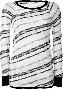 White/Black Knit Top - neckline: round neck; sleeve style: raglan; pattern: striped; length: below the bottom; predominant colour: white; occasions: casual, work; style: top; fibres: linen - mix; fit: body skimming; sleeve length: long sleeve; texture group: linen; trends: striking stripes; pattern type: knitted - other; pattern size: standard