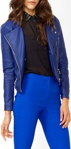 Stitched Faux Leather Jacket - pattern: plain; style: biker; collar: asymmetric biker; predominant colour: royal blue; occasions: casual; length: standard; fit: straight cut (boxy); fibres: polyester/polyamide - 100%; sleeve length: long sleeve; sleeve style: standard; texture group: leather; collar break: medium; pattern type: fabric