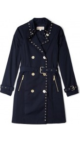 Studded Belted Trench Coat - pattern: plain; style: trench coat; collar: standard lapel/rever collar; length: mid thigh; predominant colour: navy; occasions: casual; fit: tailored/fitted; fibres: cotton - mix; waist detail: belted waist/tie at waist/drawstring; sleeve length: long sleeve; sleeve style: standard; texture group: cotton feel fabrics; collar break: medium; pattern type: fabric; embellishment: studs