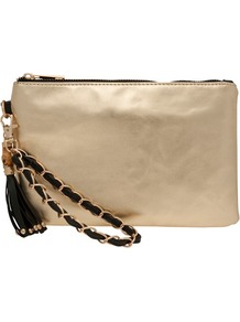 Black/Gold Zip Detail Pouch - predominant colour: gold; secondary colour: black; occasions: evening, occasion, holiday; type of pattern: standard; style: clutch; length: handle; size: standard; material: faux leather; embellishment: tassels; pattern: plain; trends: metallics; finish: plain