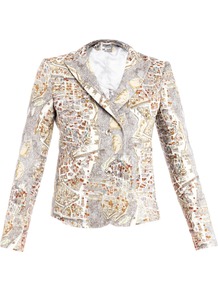 Paris Print Blazer - style: single breasted blazer; collar: standard lapel/rever collar; secondary colour: stone; predominant colour: light grey; occasions: casual, evening, work, occasion, holiday; length: standard; fit: tailored/fitted; fibres: cotton - 100%; waist detail: fitted waist; back detail: back vent/flap at back; sleeve length: 3/4 length; sleeve style: standard; texture group: cotton feel fabrics; trends: statement prints; collar break: medium; pattern type: fabric; pattern size: big & busy; pattern: patterned/print