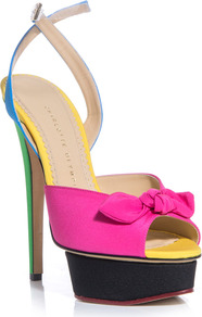 Serena Shoes - predominant colour: hot pink; secondary colour: yellow; occasions: evening, occasion, holiday; material: leather; ankle detail: ankle strap; heel: platform; toe: open toe/peeptoe; style: standard; trends: fluorescent; finish: plain; pattern: colourblock; embellishment: bow; heel height: very high