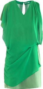 Mallory Draped Dress - length: mid thigh; neckline: v-neck; style: asymmetric (top); sleeve style: asymmetric sleeve; bust detail: ruching/gathering/draping/layers/pintuck pleats at bust; secondary colour: pistachio; predominant colour: mint green; occasions: casual, evening, occasion; fit: straight cut; fibres: polyester/polyamide - 100%; hip detail: soft pleats at hip/draping at hip/flared at hip; shoulder detail: asymmetric shoulder detail/one shoulder; back detail: keyhole/peephole detail at back; sleeve length: sleeveless; texture group: sheer fabrics/chiffon/organza etc.; pattern type: fabric; pattern size: standard; pattern: colourblock