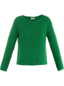 Sapata Loose Knit Sweater - neckline: round neck; pattern: plain; style: standard; predominant colour: emerald green; occasions: casual; length: standard; fibres: cotton - 100%; fit: standard fit; sleeve length: long sleeve; sleeve style: standard; texture group: knits/crochet; pattern type: knitted - big stitch