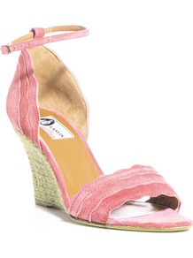 Suede Scalloped Edge Sandals - predominant colour: pink; secondary colour: pistachio; occasions: casual, evening, occasion, holiday; material: suede; heel height: mid; ankle detail: ankle strap; heel: wedge; toe: open toe/peeptoe; style: standard; finish: plain; pattern: plain