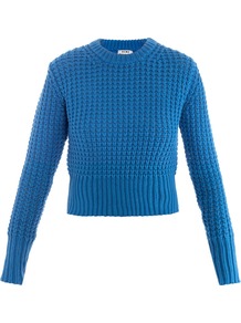 Lia Waffle Knit Sweater - pattern: plain; style: standard; predominant colour: diva blue; occasions: casual, work; length: standard; fibres: cotton - 100%; fit: slim fit; neckline: crew; sleeve length: long sleeve; sleeve style: standard; texture group: knits/crochet; pattern type: knitted - big stitch