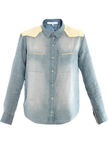 Travis Leather Trimmed Shirt - neckline: shirt collar/peter pan/zip with opening; pattern: plain; style: shirt; shoulder detail: contrast pattern/fabric at shoulder; predominant colour: denim; occasions: casual; length: standard; fibres: cotton - mix; fit: straight cut; sleeve length: long sleeve; sleeve style: standard; texture group: denim; pattern type: fabric