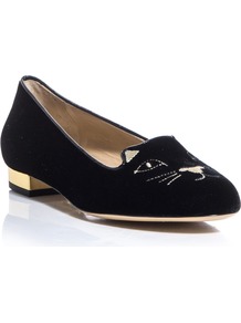 Velvet Kitty Slippers - secondary colour: gold; predominant colour: black; occasions: casual, work; material: velvet; heel height: flat; embellishment: embroidered; toe: round toe; style: loafers; finish: plain; pattern: patterned/print