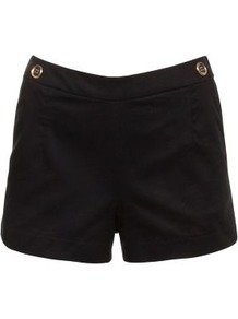 Navy Button Sateen Shorts - pattern: plain; style: shorts; length: short shorts; waist: mid/regular rise; predominant colour: navy; occasions: evening; fibres: polyester/polyamide - 100%; texture group: structured shiny - satin/tafetta/silk etc.; fit: straight leg; pattern type: fabric