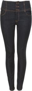 30in Dark Blue High Waisted Skinny Jeans - style: skinny leg; pattern: plain; waist: high rise; pocket detail: traditional 5 pocket; predominant colour: navy; occasions: casual; length: ankle length; fibres: cotton - stretch; jeans detail: dark wash; texture group: denim; pattern type: fabric