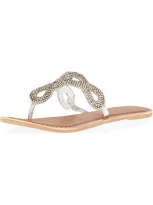 Silver Leather Bling Sandals - predominant colour: silver; occasions: casual, evening, holiday; material: leather; heel height: flat; embellishment: crystals; heel: standard; toe: toe thongs; style: flip flops / toe post; trends: metallics; finish: metallic; pattern: plain