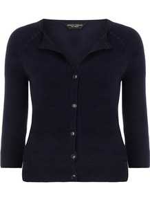 Navy Pointelle Cotton Cardigan - neckline: round neck; pattern: plain; hip detail: fitted at hip; bust detail: buttons at bust (in middle at breastbone)/zip detail at bust; predominant colour: navy; occasions: casual, evening, work, holiday; length: standard; style: standard; fibres: cotton - mix; fit: slim fit; waist detail: fitted waist; sleeve length: 3/4 length; sleeve style: standard; texture group: knits/crochet; pattern type: knitted - fine stitch