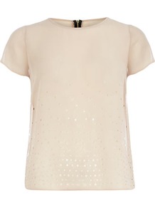 Mink Laser Cut Top - bust detail: sheer at bust; predominant colour: nude; occasions: casual, evening, work, holiday; length: standard; style: top; fibres: polyester/polyamide - 100%; fit: straight cut; neckline: crew; hip detail: contrast fabric/print detail at hip; back detail: embellishment at back; sleeve length: short sleeve; sleeve style: standard; texture group: sheer fabrics/chiffon/organza etc.; pattern type: fabric; pattern: patterned/print; embellishment: applique