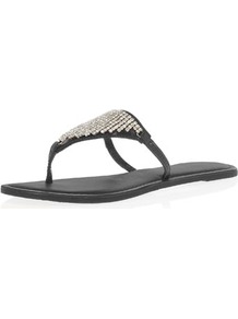 Black Leather Bling Sandals - predominant colour: black; occasions: casual, evening, holiday; material: leather; heel height: flat; embellishment: crystals; heel: standard; toe: toe thongs; style: flip flops / toe post; finish: plain; pattern: plain
