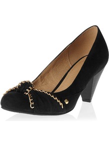 Black Knot Detail Courts - secondary colour: gold; predominant colour: black; occasions: evening, work, occasion; material: fabric; heel height: mid; heel: cone; toe: round toe; style: courts; trends: metallics; finish: plain; pattern: plain; embellishment: chain/metal