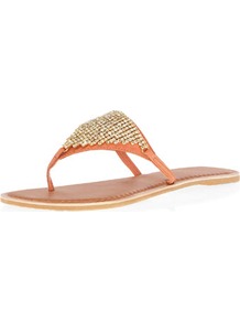 Coral Leather Bling Sandals - predominant colour: coral; occasions: casual, evening, holiday; material: leather; heel height: flat; embellishment: crystals; heel: standard; toe: toe thongs; style: flip flops / toe post; finish: plain; pattern: plain