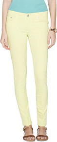 Skinny Colored Denim - style: skinny leg; length: standard; pattern: plain; waist: low rise; pocket detail: traditional 5 pocket; predominant colour: lime; occasions: casual, evening, holiday; fibres: cotton - stretch; texture group: denim; pattern type: fabric