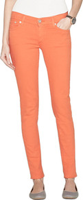 Super Skinny Denim - style: skinny leg; pattern: plain; waist: low rise; pocket detail: traditional 5 pocket; predominant colour: coral; occasions: casual, evening; length: ankle length; fibres: cotton - stretch; texture group: denim; trends: fluorescent; pattern type: fabric