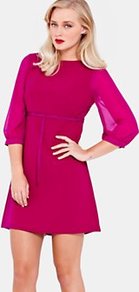 Daris Three Quarter Sleeve Dress, Fuchsia - style: shift; length: mini; fit: empire; pattern: plain; sleeve style: balloon; predominant colour: hot pink; occasions: evening, occasion; fibres: polyester/polyamide - stretch; neckline: crew; hip detail: soft pleats at hip/draping at hip/flared at hip; sleeve length: 3/4 length; texture group: sheer fabrics/chiffon/organza etc.; pattern type: fabric