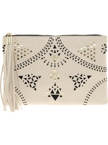 Floral Punchout Clutch Bag - predominant colour: ivory; occasions: evening, occasion, holiday; type of pattern: heavy; style: clutch; length: hand carry; size: standard; material: faux leather; embellishment: tassels; finish: plain; pattern: patterned/print