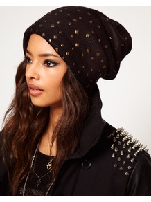 Mixed Stud Boyfriend Beanie - predominant colour: black; occasions: casual; type of pattern: small; style: beanie; size: small; material: fabric; pattern: plain; embellishment: studs
