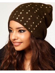 Mixed Stud Boyfriend Beanie - predominant colour: chocolate brown; secondary colour: khaki; occasions: casual; type of pattern: light; style: beanie; size: standard; material: fabric; pattern: plain; embellishment: studs