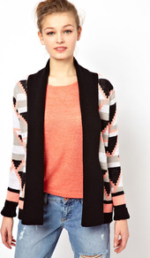 A Wear Geo Triangle Intarsia Cardigan - neckline: shawl; length: below the bottom; style: open front; predominant colour: nude; secondary colour: black; occasions: casual; fibres: acrylic - 100%; fit: standard fit; sleeve length: long sleeve; sleeve style: standard; texture group: knits/crochet; pattern type: knitted - other; pattern size: standard; pattern: patterned/print