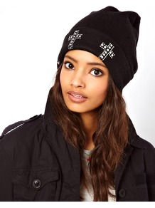 Cross Stud Boyfriend Beanie - predominant colour: black; occasions: casual; type of pattern: light; style: beanie; size: small; material: knits; pattern: plain; embellishment: studs