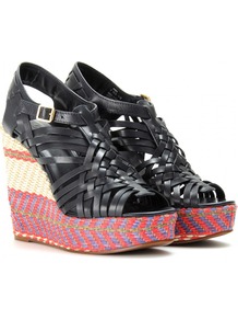 Raven 125 Wedge Sandals - predominant colour: black; occasions: casual, evening, holiday; material: leather; heel height: high; embellishment: embroidered; ankle detail: ankle strap; heel: wedge; toe: open toe/peeptoe; style: strappy; finish: plain; pattern: patterned/print