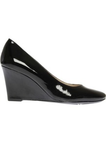 Tinydancer Patent Leather Wedge Courts - predominant colour: black; occasions: casual, evening, work; material: leather; heel height: high; heel: wedge; toe: round toe; style: courts; finish: patent; pattern: plain