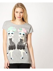 Grey Henry Twins T Shirt - neckline: slash/boat neckline; style: t-shirt; predominant colour: light grey; secondary colour: black; occasions: casual, holiday; length: standard; fibres: polyester/polyamide - mix; fit: body skimming; bust detail: contrast pattern/fabric/detail at bust; back detail: longer hem at back than at front; sleeve length: short sleeve; sleeve style: standard; texture group: cotton feel fabrics; trends: statement prints; pattern type: fabric; pattern size: standard; pattern: patterned/print; embellishment: crystals