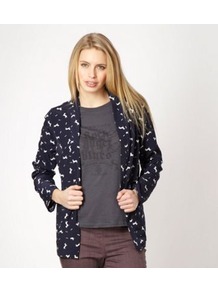Navy Dog And Bone Jacket - style: single breasted blazer; collar: shawl/waterfall; secondary colour: white; predominant colour: navy; occasions: casual, holiday; length: standard; fit: tailored/fitted; fibres: polyester/polyamide - 100%; sleeve length: long sleeve; sleeve style: standard; collar break: medium; pattern type: fabric; pattern size: light/subtle; pattern: patterned/print; texture group: other - light to midweight