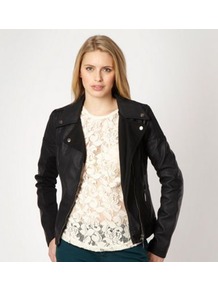 Black Faux Leather Biker Jacket - pattern: plain; style: biker; collar: standard biker; predominant colour: black; occasions: casual, evening, work; length: standard; fit: tailored/fitted; fibres: viscose/rayon - 100%; sleeve length: long sleeve; sleeve style: standard; texture group: leather; collar break: high/illusion of break when open; pattern type: fabric
