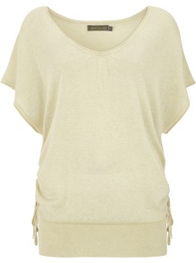Pistachio Ruched Side Knit - neckline: scoop neck; sleeve style: dolman/batwing; pattern: plain; length: below the bottom; style: tunic; predominant colour: pistachio; occasions: casual; fibres: cotton - mix; fit: loose; sleeve length: short sleeve; texture group: knits/crochet; pattern type: knitted - other