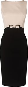 Darcy Grosgrain Bow Dress, Black - style: shift; neckline: slash/boat neckline; fit: tailored/fitted; sleeve style: sleeveless; waist detail: embellishment at waist/feature waistband; secondary colour: ivory; predominant colour: black; occasions: evening, work, occasion; length: on the knee; fibres: viscose/rayon - stretch; sleeve length: sleeveless; pattern type: fabric; pattern: colourblock; texture group: other - light to midweight