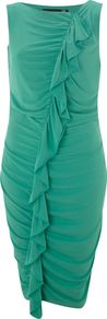 Women's Sleeveless Wrap Dress With Ruffle Detail, Green - style: shift; neckline: round neck; pattern: plain; sleeve style: sleeveless; predominant colour: emerald green; occasions: evening, occasion; length: just above the knee; fit: body skimming; fibres: viscose/rayon - stretch; hip detail: ruching/gathering at hip; waist detail: ruffles at waist; sleeve length: sleeveless; bust detail: tiers/frills/bulky drapes/pleats; pattern type: fabric; texture group: jersey - stretchy/drapey