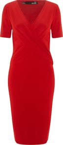 Short Sleeve V Neck Wrap Dress, Red - style: faux wrap/wrap; neckline: low v-neck; fit: tailored/fitted; pattern: plain; waist detail: twist front waist detail/nipped in at waist on one side/soft pleats/draping/ruching/gathering waist detail; hip detail: fitted at hip; bust detail: ruching/gathering/draping/layers/pintuck pleats at bust; predominant colour: true red; occasions: evening, work, occasion, holiday; length: on the knee; fibres: viscose/rayon - stretch; shoulder detail: flat/draping pleats/ruching/gathering at shoulder; sleeve length: short sleeve; sleeve style: standard; trends: glamorous day shifts; pattern type: fabric; texture group: jersey - stretchy/drapey