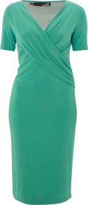 Women's Short Sleeve V Neck Wrap Dress, Green - style: faux wrap/wrap; neckline: low v-neck; pattern: plain; waist detail: twist front waist detail/nipped in at waist on one side/soft pleats/draping/ruching/gathering waist detail; hip detail: fitted at hip; bust detail: ruching/gathering/draping/layers/pintuck pleats at bust; predominant colour: mint green; occasions: evening, work, occasion; length: on the knee; fit: body skimming; fibres: viscose/rayon - stretch; shoulder detail: flat/draping pleats/ruching/gathering at shoulder; sleeve length: short sleeve; sleeve style: standard; trends: glamorous day shifts; pattern type: fabric; texture group: jersey - stretchy/drapey