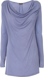 Justine Cowl Top, Cornflower - neckline: cowl/draped neck; pattern: plain; length: below the bottom; predominant colour: lilac; occasions: casual, holiday; style: top; fibres: viscose/rayon - 100%; fit: body skimming; back detail: longer hem at back than at front; sleeve length: long sleeve; sleeve style: standard; bust detail: tiers/frills/bulky drapes/pleats; pattern type: fabric; texture group: jersey - stretchy/drapey